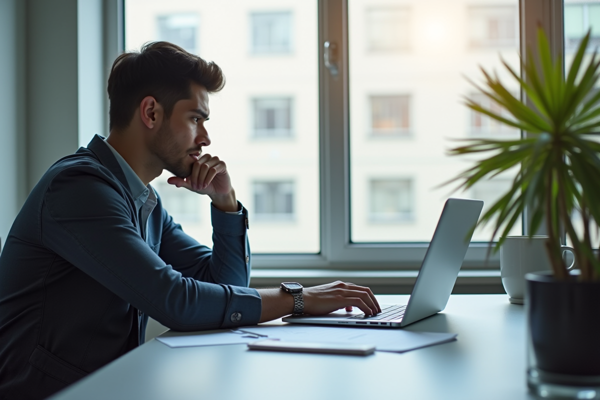 Personne seule au bureau regardant son ordinateur avec challenge