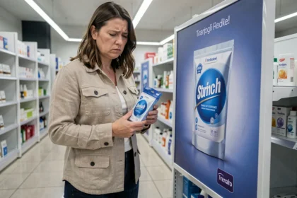 Femme déçue comparant un produit réel à sa photo publicitaire trompeuse dans un magasin
