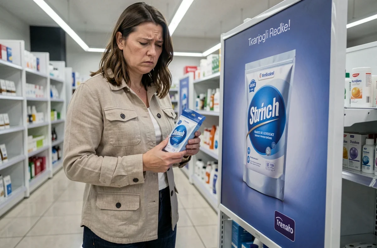 Femme déçue comparant un produit réel à sa photo publicitaire trompeuse dans un magasin