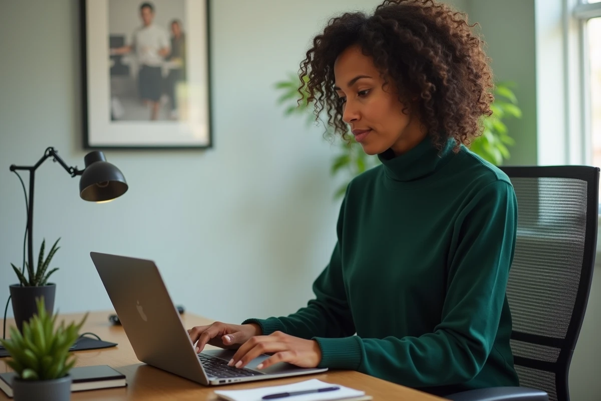 Personne préparant son entretien en visioconférence sur un bureau ergonomique à domicile pour un poste en full remote