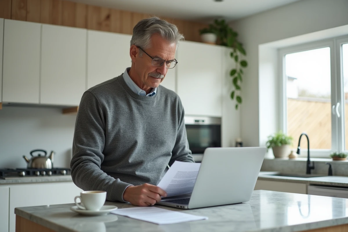 Homme consultant un formulaire officiel tout en tapant sur un ordinateur portable dans une cuisine moderne, symbolisant la préparation d'un signalement anonyme à l'URSSAF