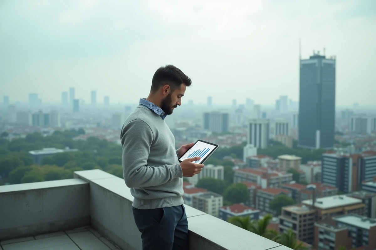 Professionnel consultant des données d'attractivité économique territoriale sur tablette depuis un rooftop urbain