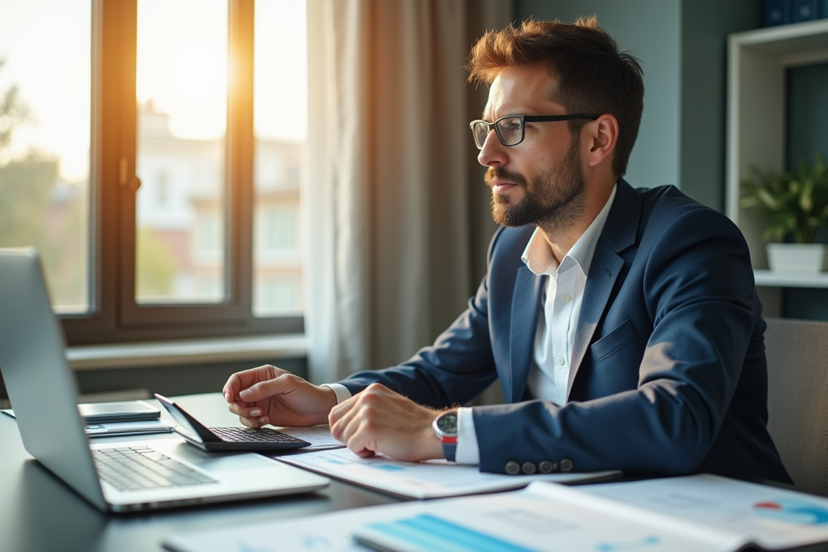 Professionnel en tenue décontractée au bureau avec documents et ordinateur