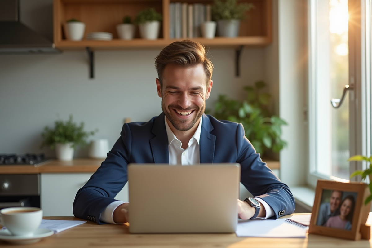 Jeune professionnel souriant avec ordinateur à la maison
