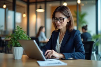 Professionnelle examinant une interface PROROLE sur tablette dans un bureau moderne en 2026