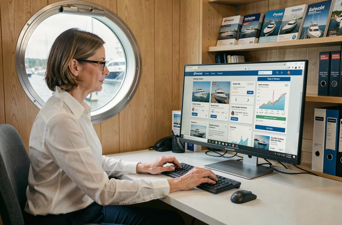 Professionnelle du secteur nautique consultant une plateforme B2B pour équipementiers de bateaux sur ordinateur dans un bureau côtier