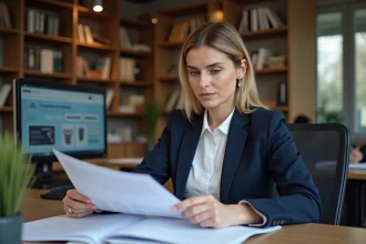 Professionnelle en droit de la propriété intellectuelle examinant des documents officiels dans un bureau parisien moderne