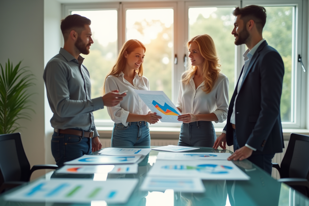 Trois professionnels discutant de graphiques ESG dans un bureau lumineux