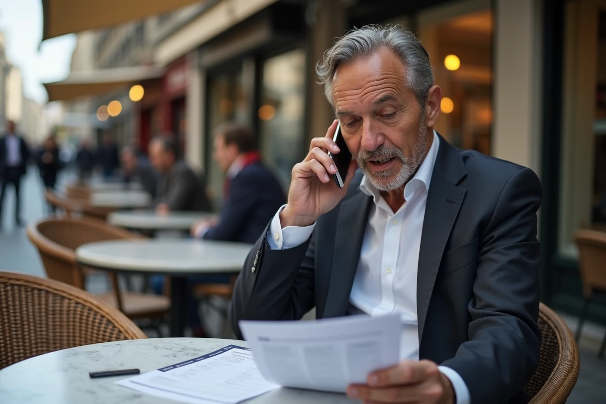D&eacute;veloppeur commercial exp&eacute;riment&eacute; prospectant par t&eacute;l&eacute;phone en terrasse de caf&eacute; &agrave; Paris pour transformer son pipeline commercial