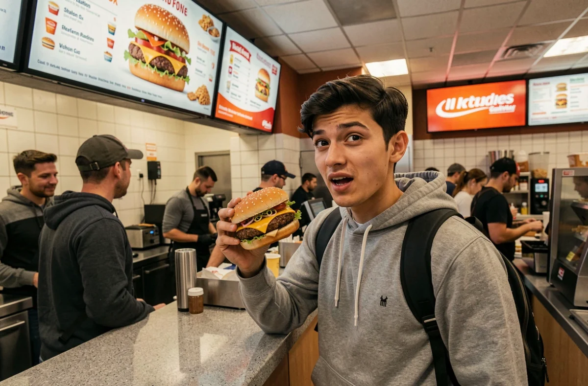 Jeune client comparant son hamburger réel à la photo idéalisée du menu dans un fast-food