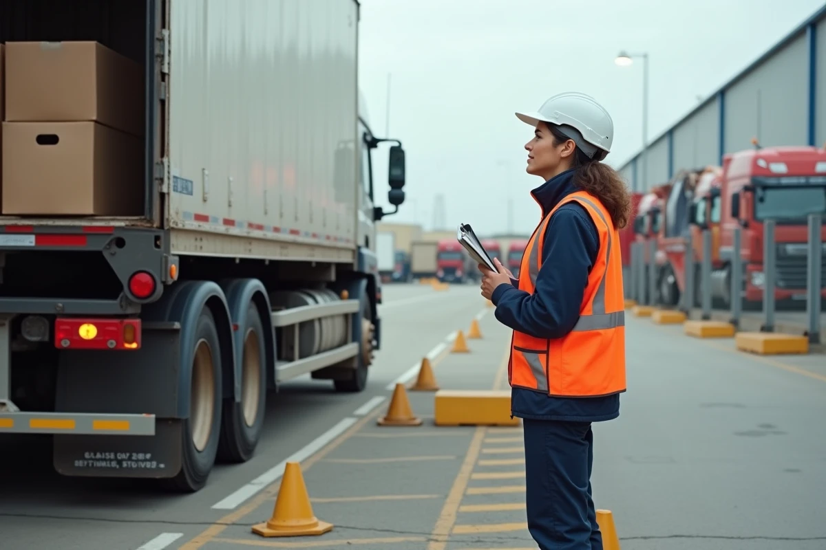 Quai de chargement d'un centre de distribution avec une répartitrice supervisant le déchargement de camions semi-remorques dans le cadre d'une stratégie flux tendu