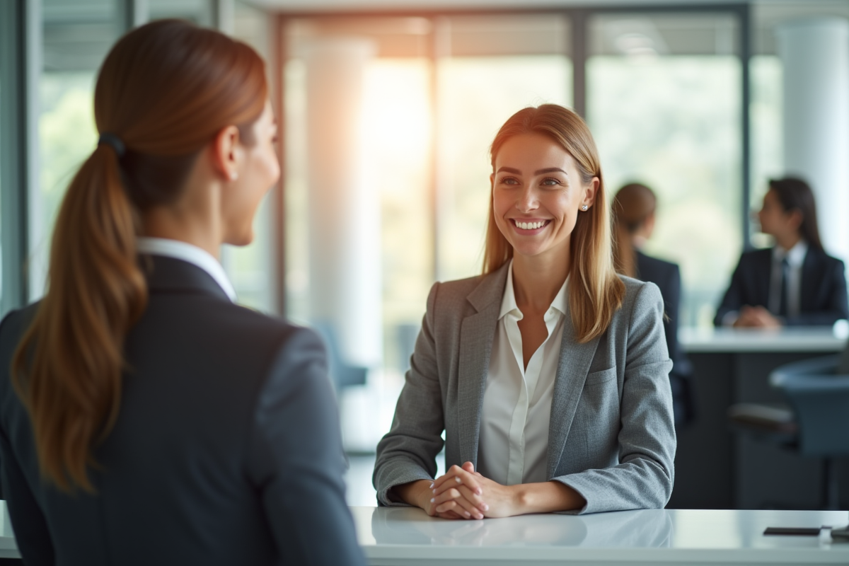 Réceptionniste accueillant un invité dans un lobby lumineux