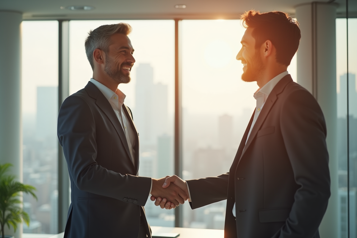 Manager RH serrant la main d'un candidat dans un bureau lumineux