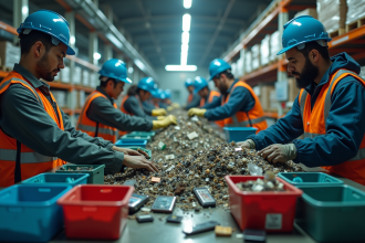 Groupe de personnes triant et recyclant des déchets électroniques dans une usine moderne