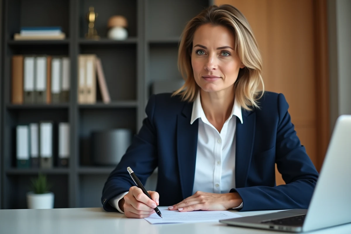 Femme rédigeant une lettre officielle sur papier dans un bureau professionnel, illustrant la rédaction d'une dénonciation anonyme à l'URSSAF