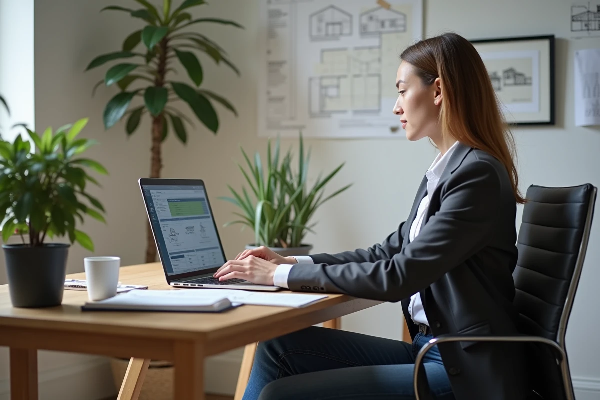 Responsable de chantier féminine utilisant un logiciel de planification et suivi de projets dans un bureau de PME du bâtiment