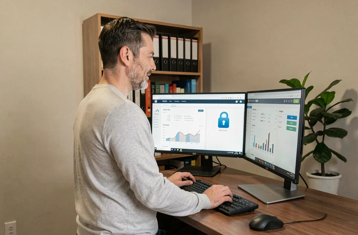 Responsable CSE consultant un tableau de bord sécurisé avec protection des données sur double écran