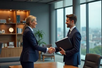 Femme d'affaires en costume navy serre la main d'un jeune homme souriant