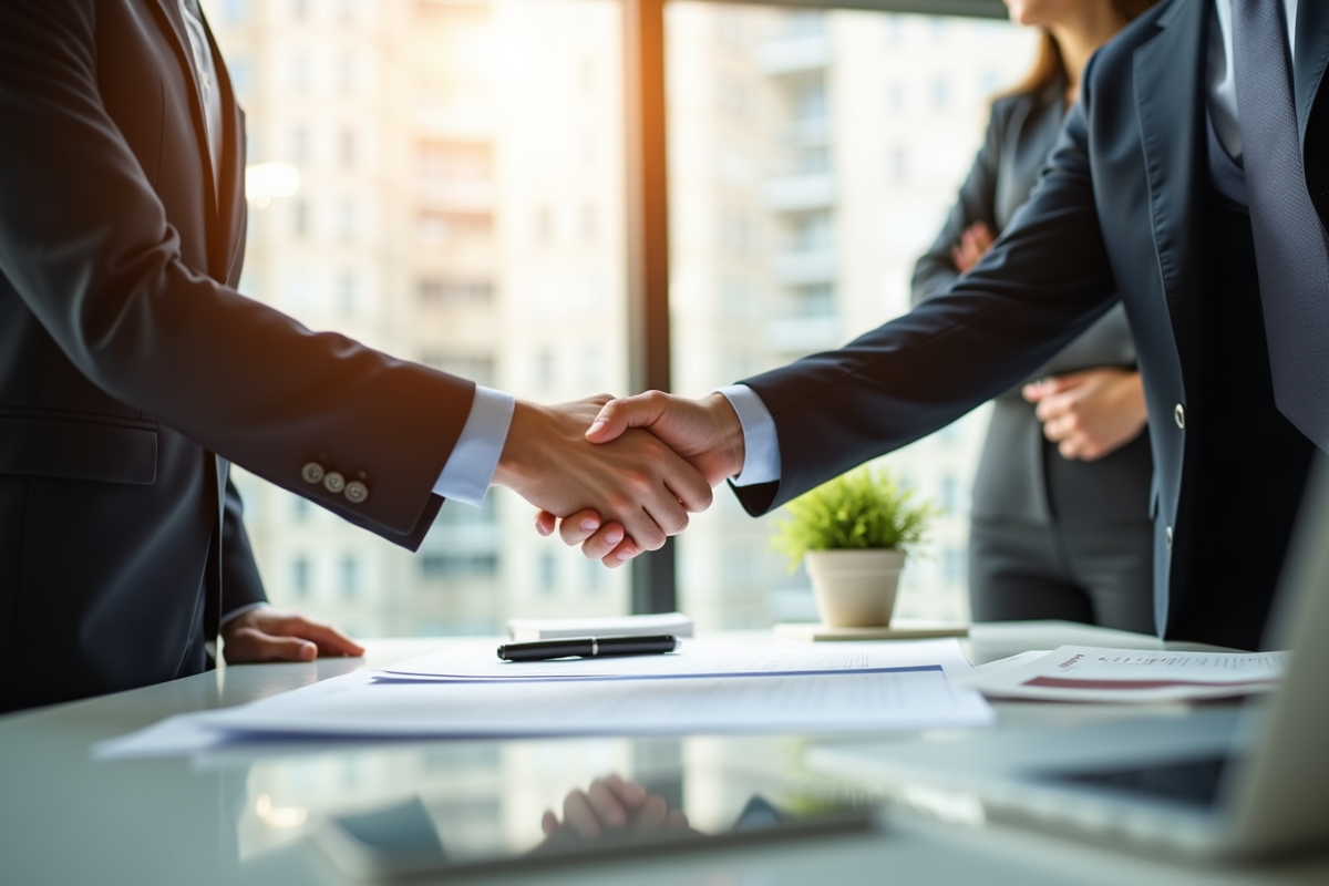 Réunion d'affaires avec signature d'un contrat publicitaire dans un bureau lumineux
