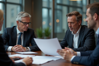 Trois professionnels en réunion d'affaires dans un bureau moderne