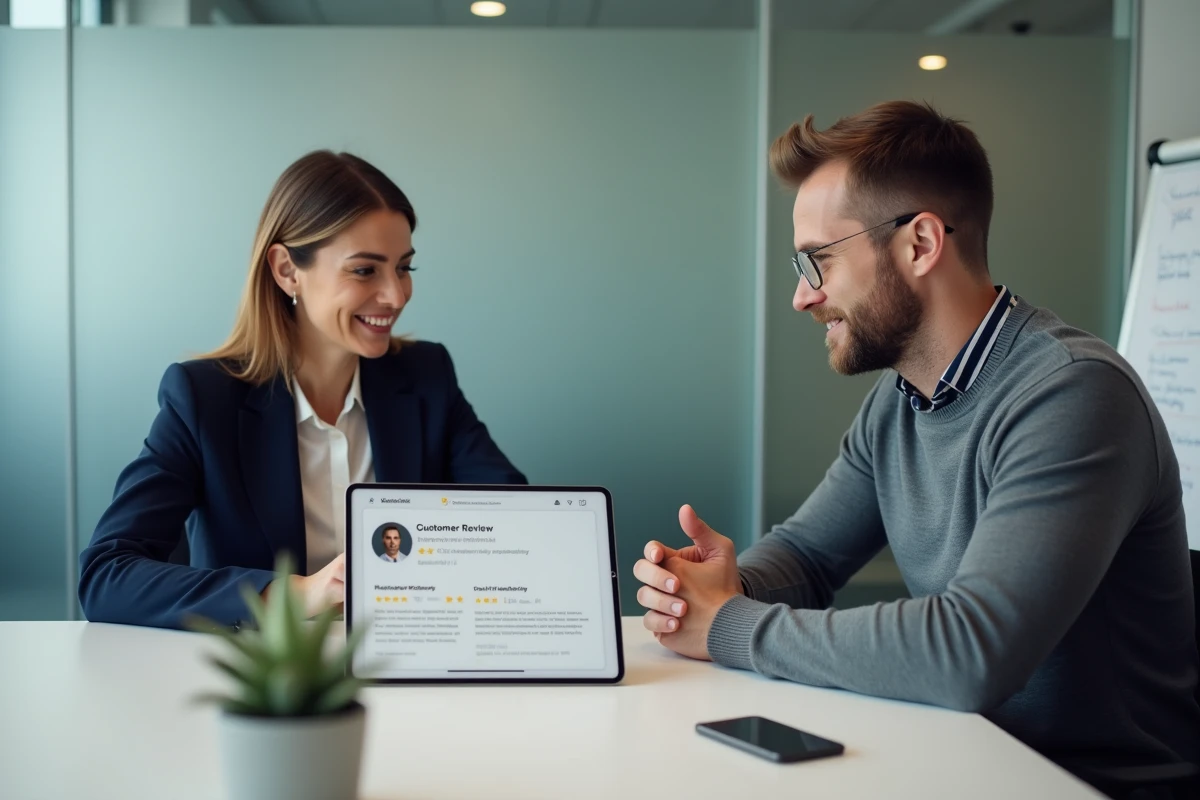Deux professionnels discutant du choix d'une solution d'avis clients pour leur boutique en ligne