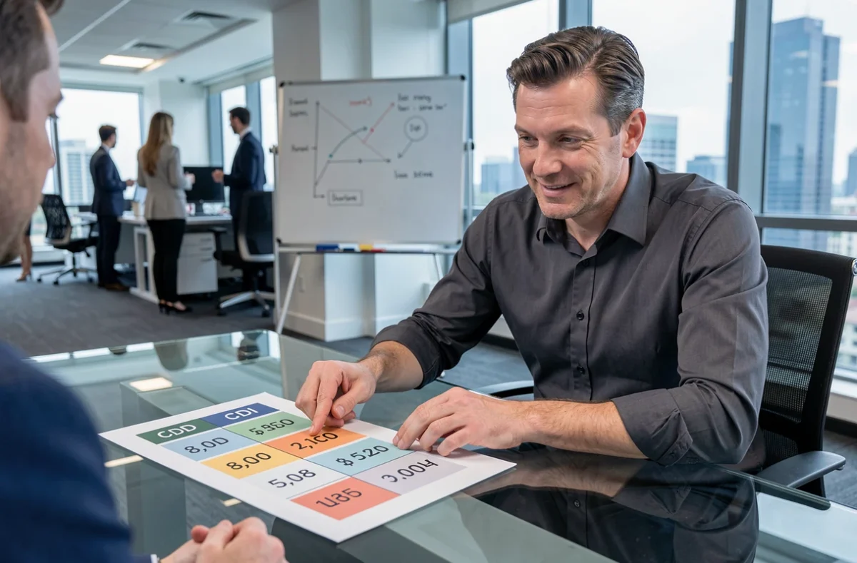 Homme en réunion professionnelle comparant les taux horaires CDD et CDI sur un tableau imprimé dans un bureau moderne