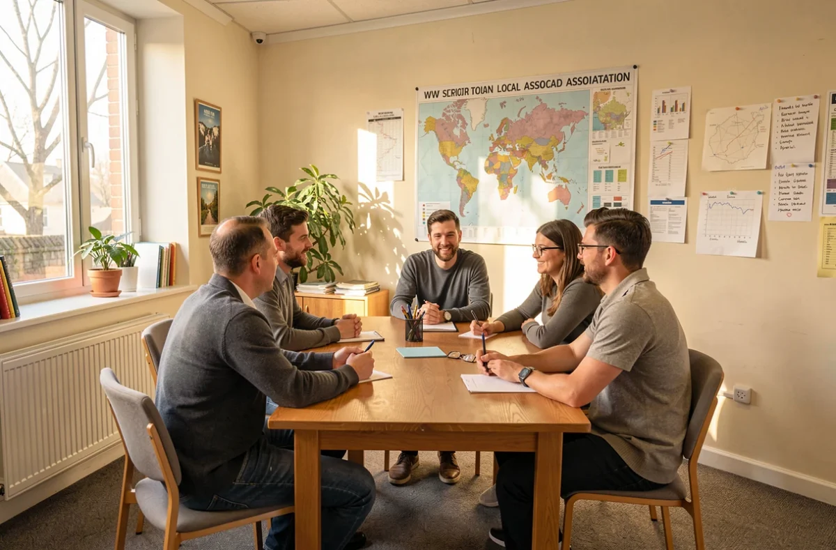 Réunion d'équipe dans un local associatif lumineux