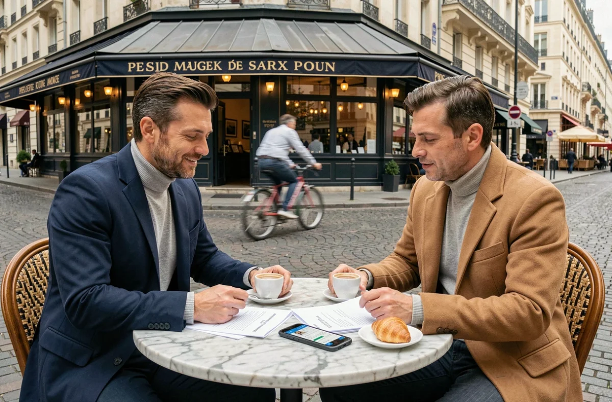 Deux entrepreneurs parisiens discutant d'opportunités business en terrasse de café à Paris