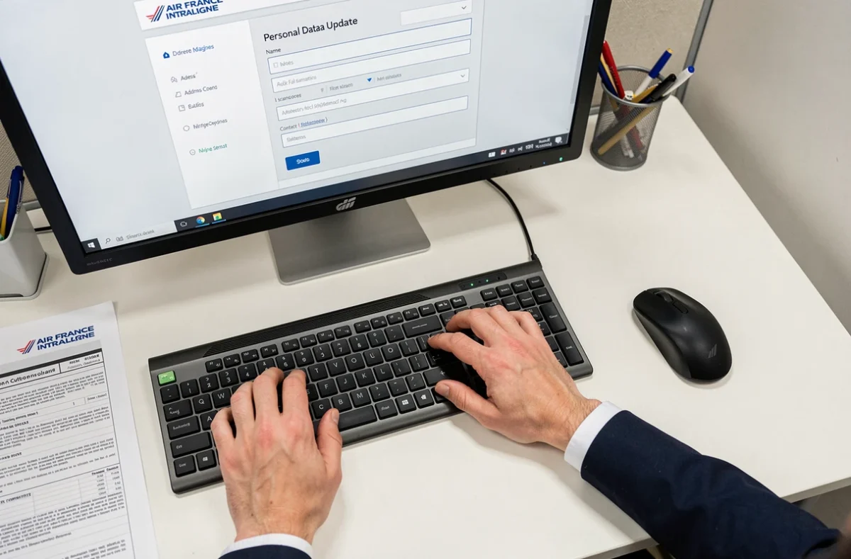 Mains d'un employé Air France saisissant ses données personnelles sur le portail Intraligne depuis un poste de travail de bureau
