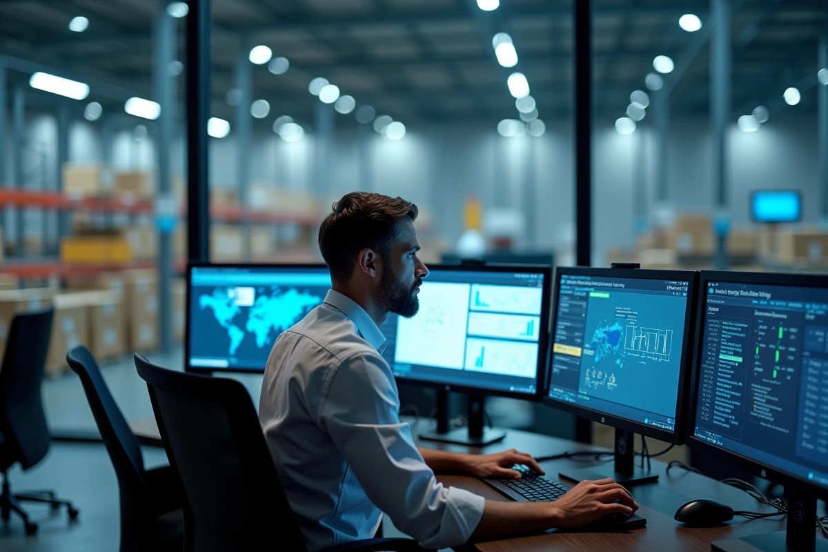 Analyste logistique dans la salle de contrôle d'un centre de distribution pilotant en temps réel les flux de livraison dans une stratégie just in time