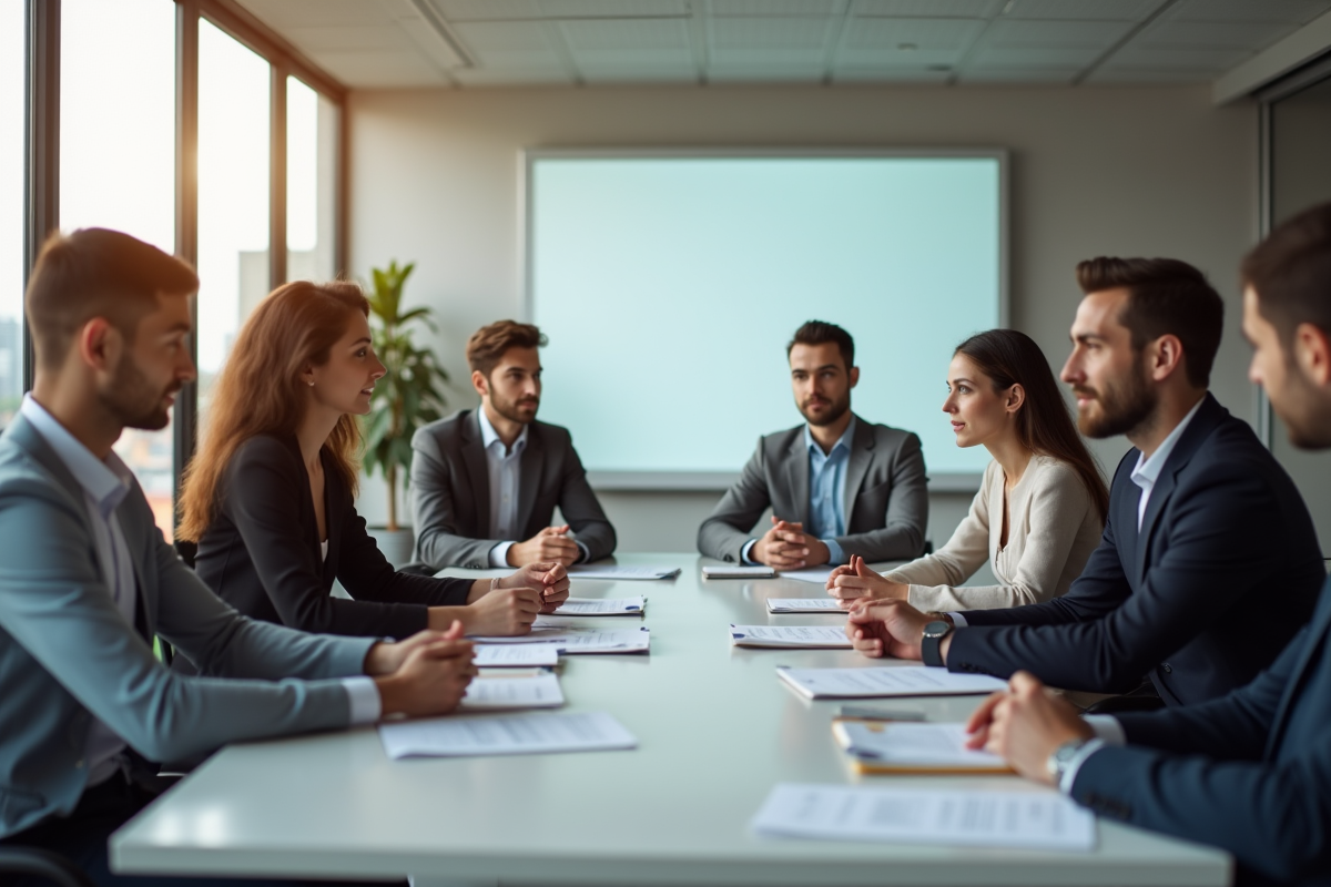 Salle de reunion moderne avec professionnels discutant
