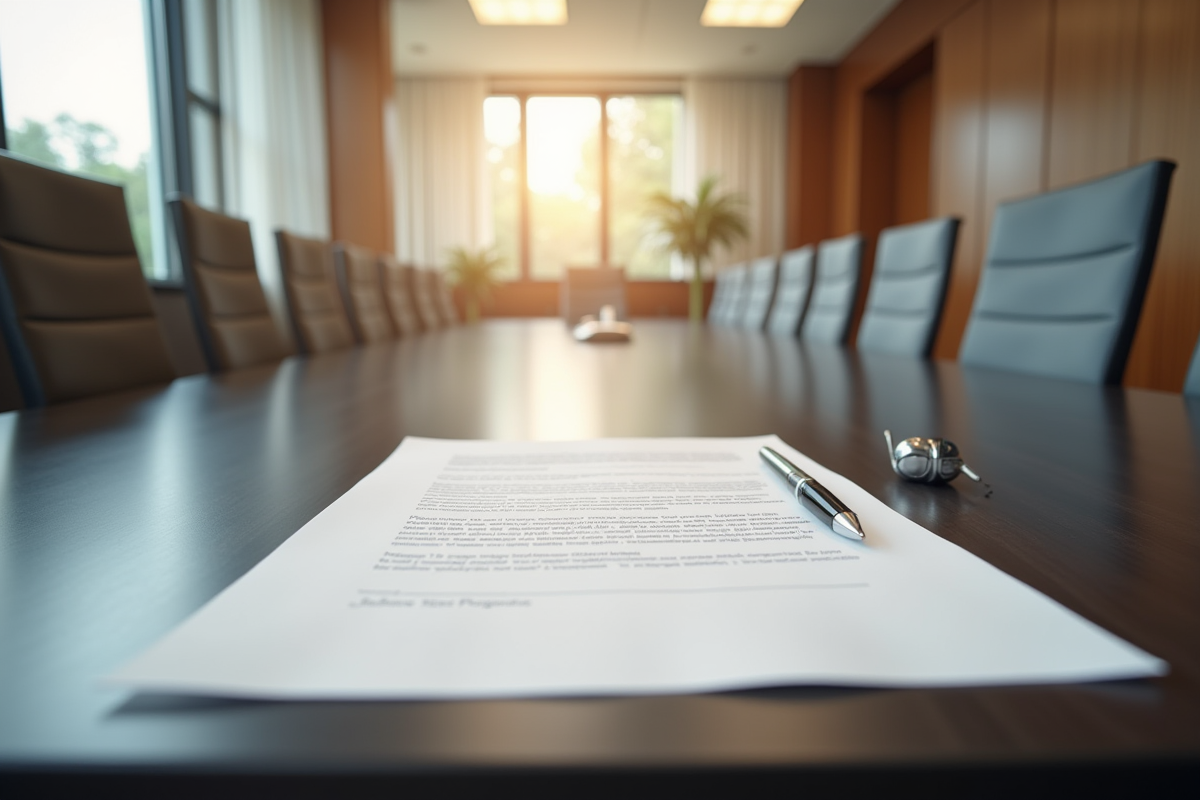Salle de reunion vide avec contrat et stylo sur la table