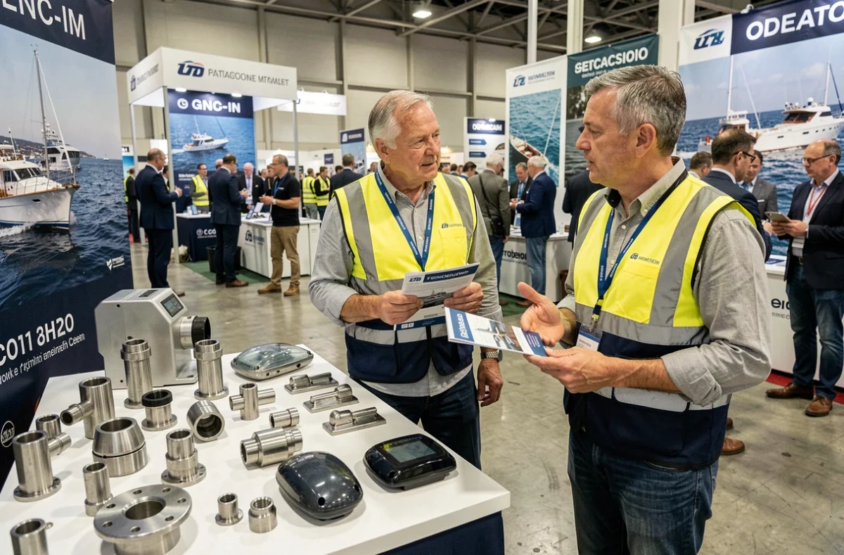 Deux professionnels équipementiers nautiques examinant des composants marins sur un stand lors d'un salon professionnel de l'industrie du bateau