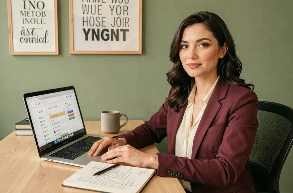 Sarah El Gharbi, consultante SEO, analysant un rapport Google Search Console depuis son bureau élégant