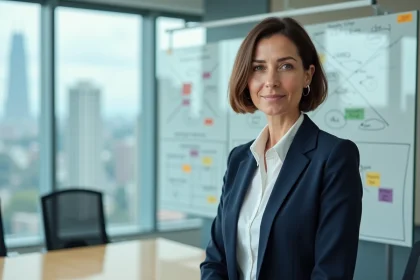 Consultante en stratégie présentant une segmentation de domaines d'activité stratégiques sur un tableau blanc en salle de réunion