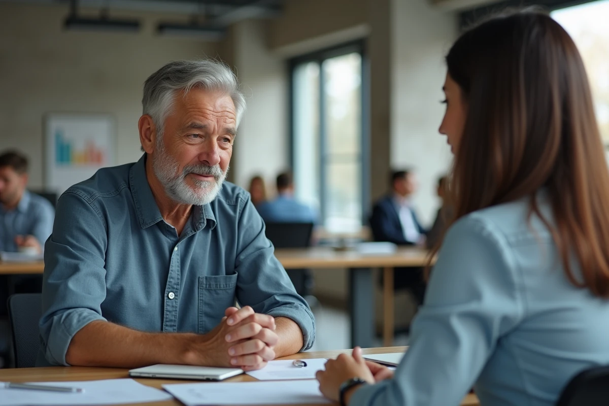 Homme senior en entretien d'embauche avec un recruteur dans un espace de coworking moderne