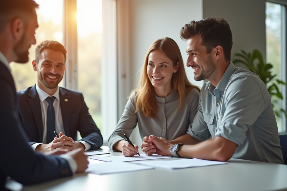 Jeune couple signant des contrats dans un bureau lumineux