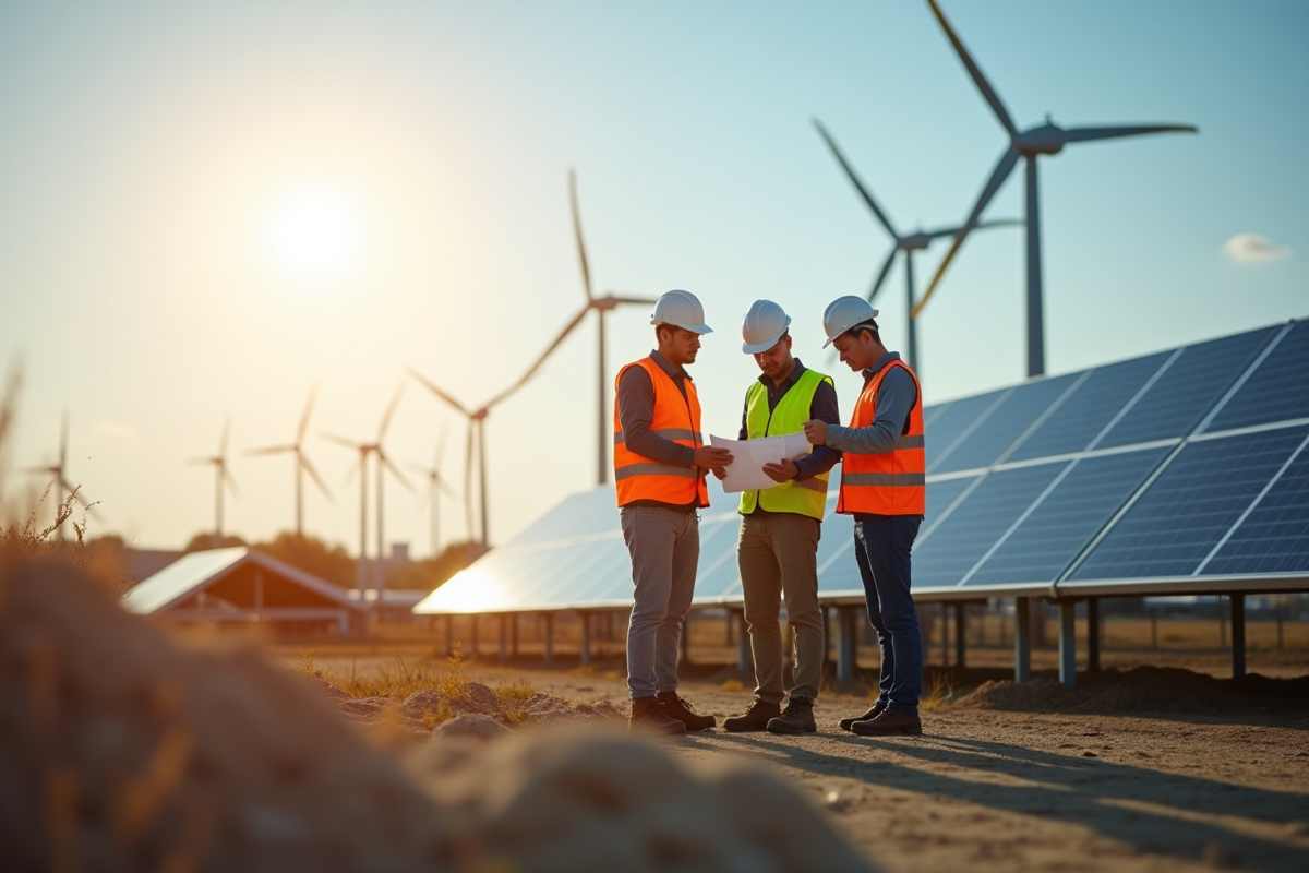Site industriel avec panneaux solaires et turbines éoliennes