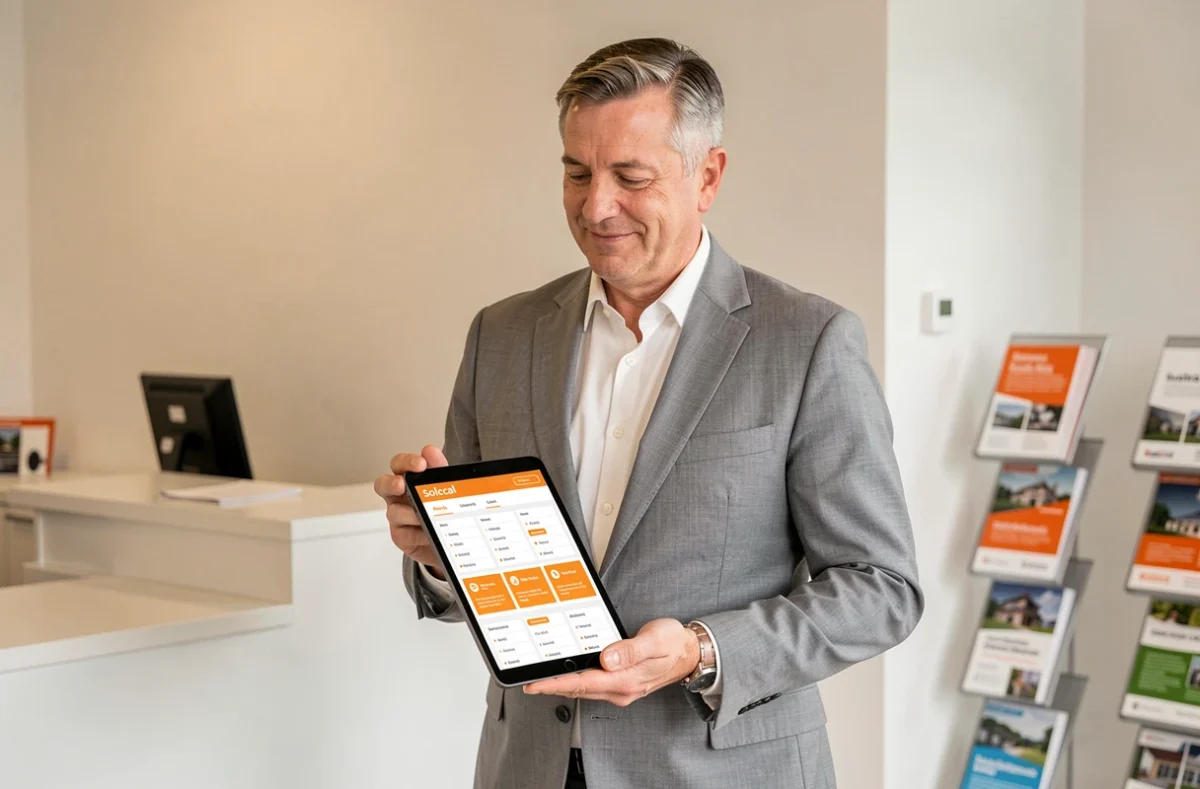 Responsable de compte Solocal présentant des solutions de référencement local sur une tablette numérique