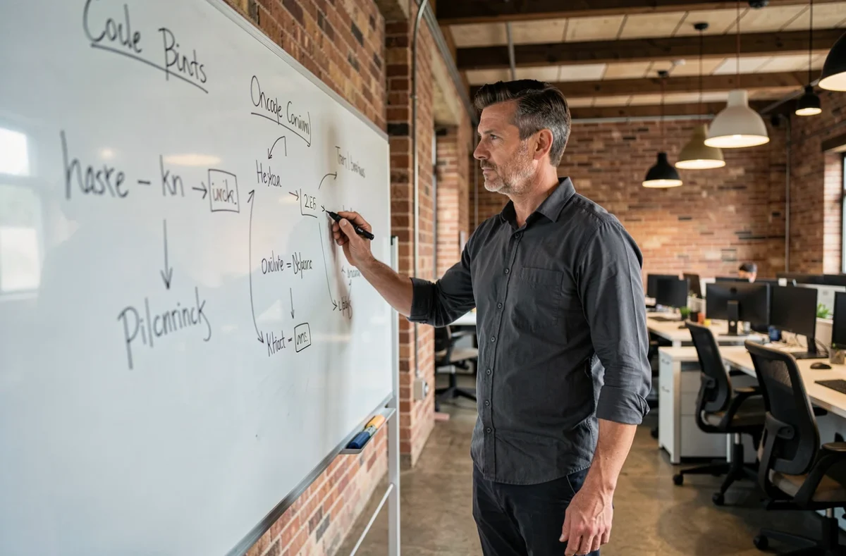 Entrepreneur présentant une stratégie ultra-niche sur un tableau blanc dans un espace de coworking