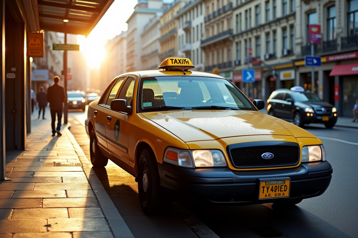 Taxi accessible en fauteuil garé à un arrêt urbain en plein jour