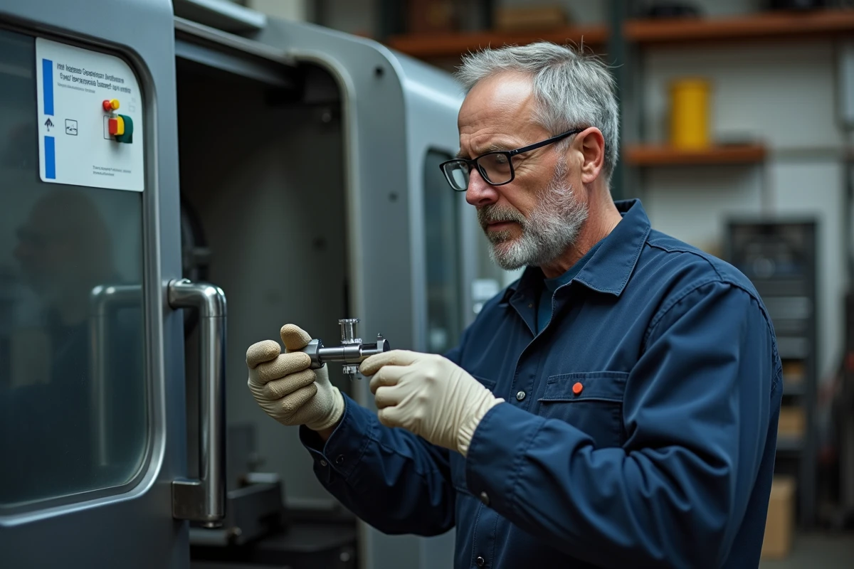 Technicien CNC examinant une pièce usinée en aluminium dans un atelier de petite série