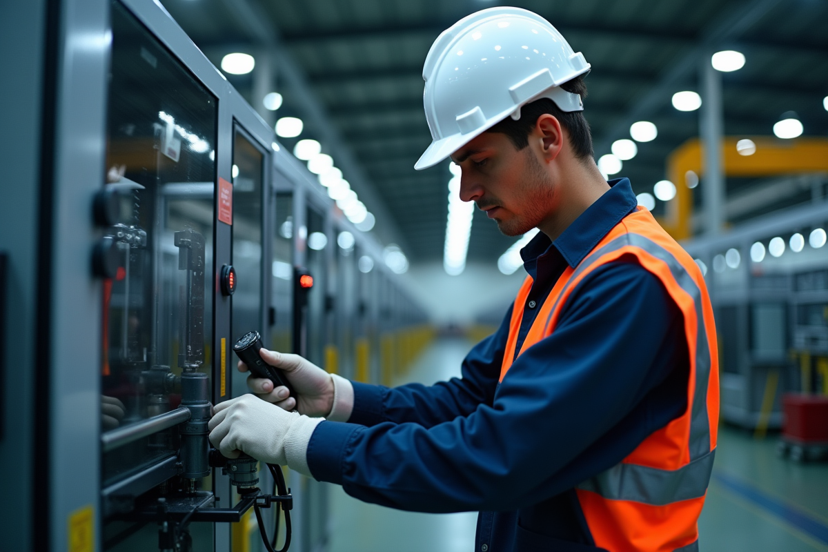 Technicien en sécurité travaillant sur une machine industrielle