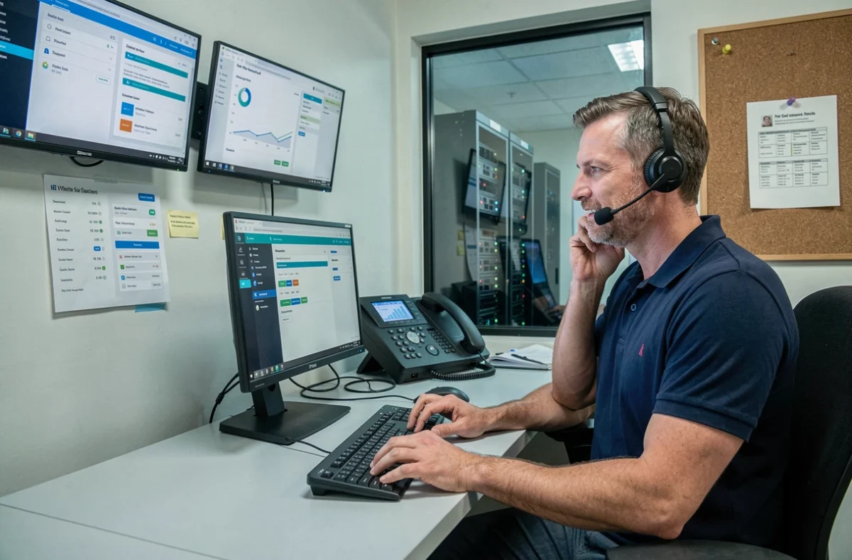 Technicien support informatique en train de gérer une panne d'extranet depuis son poste de travail