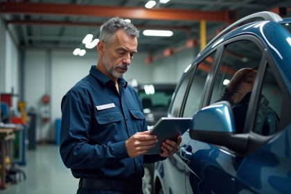 Technicien automobile avec tablette dans un garage moderne