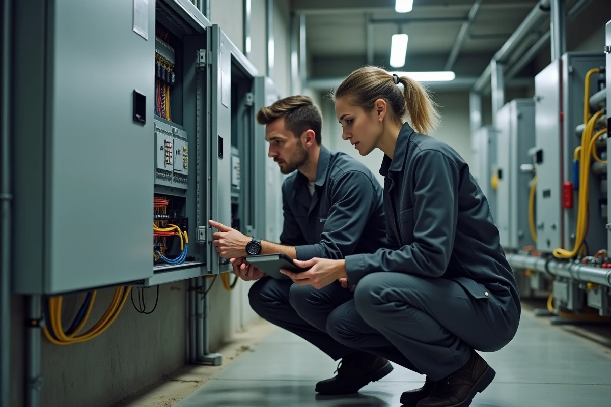 Deux techniciens en formation GTB inspectant un automate programmable et le câblage d'un système de gestion technique dans une salle technique