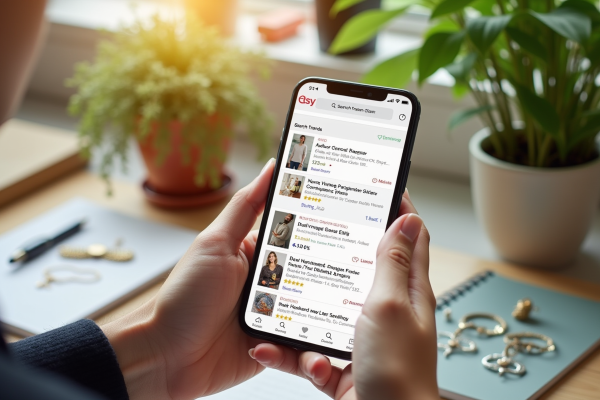 Smartphone montrant tendances Etsy avec bijoux et plantes