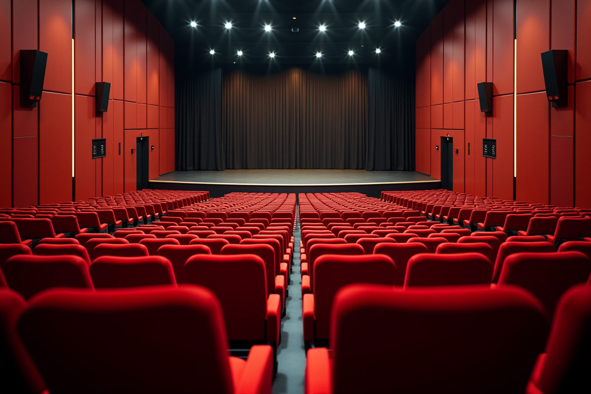 Salle de theatre vide avec fauteuils rouges et scène prête