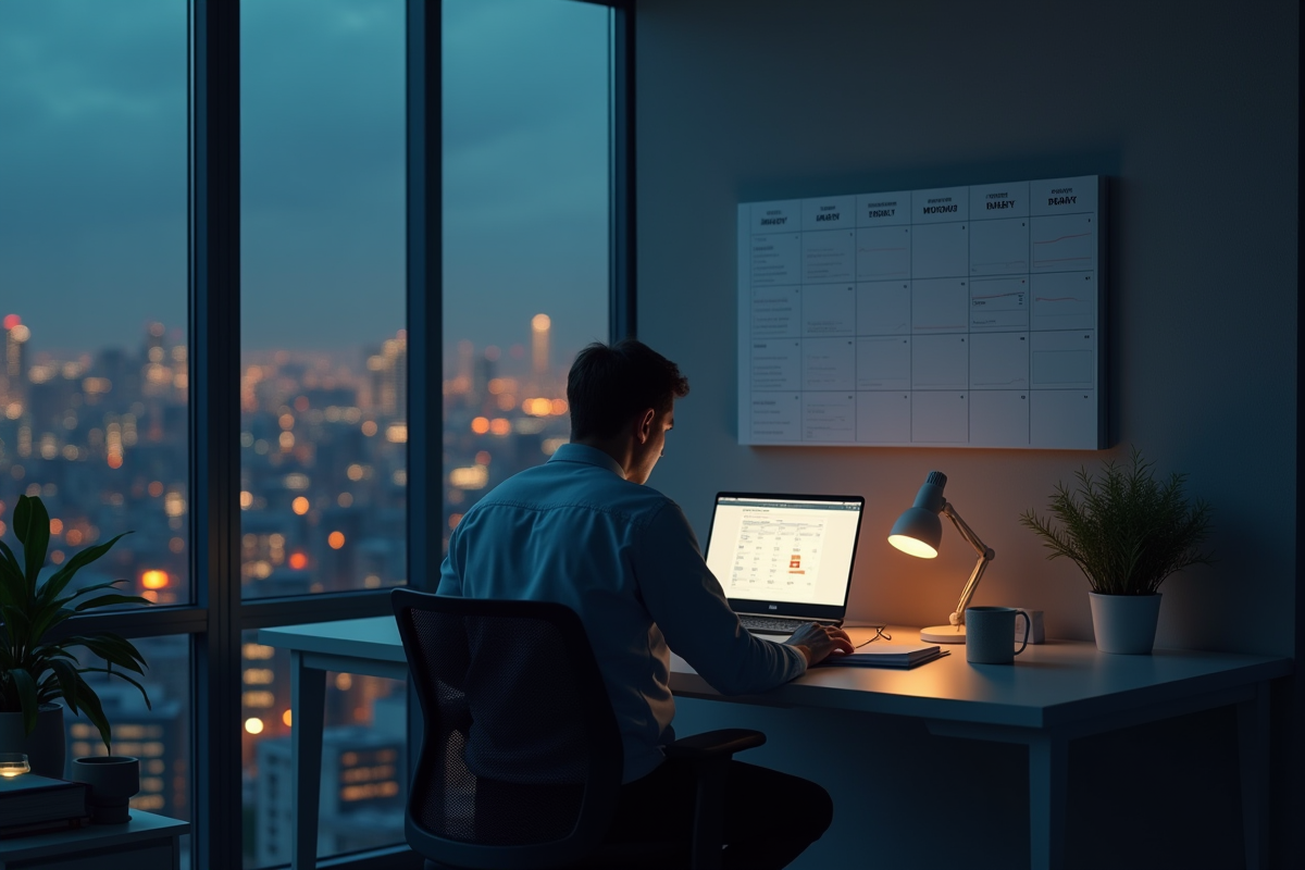 Employé de bureau fatigué tard le soir dans un bureau moderne