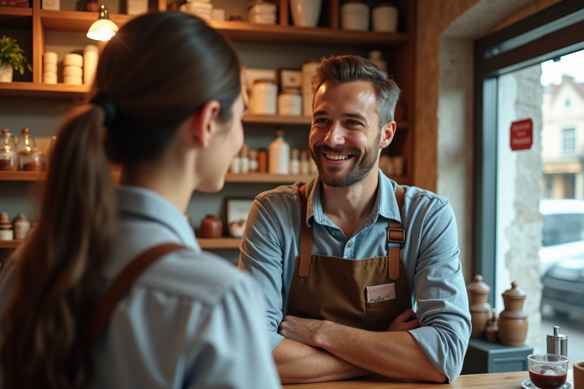 Jeune commerçant souriant dans sa boutique chaleureuse